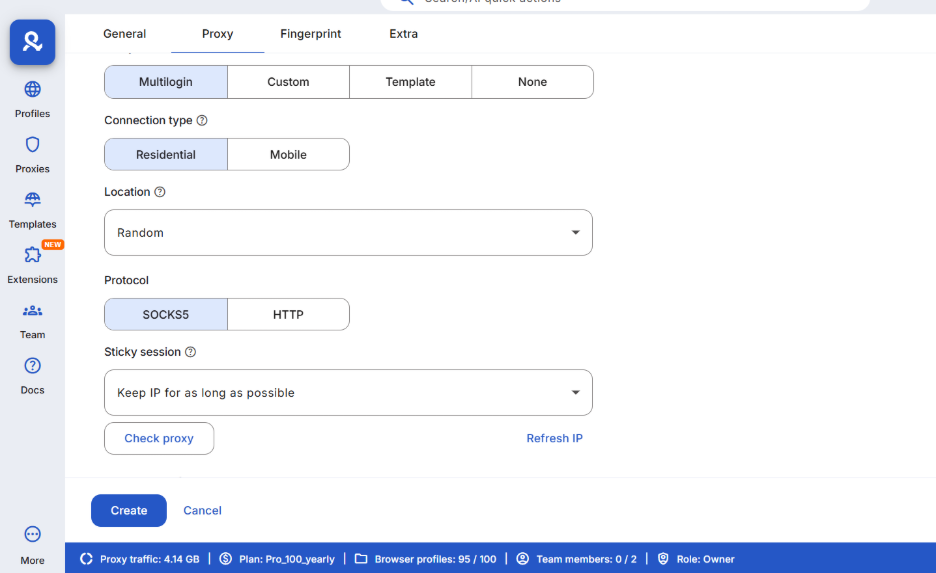 Multilogin’s proxy settings in profile creation screen
